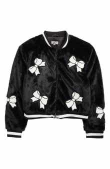 Tractr Kids' Bow Appliqué Faux Fur Bomber Jacket