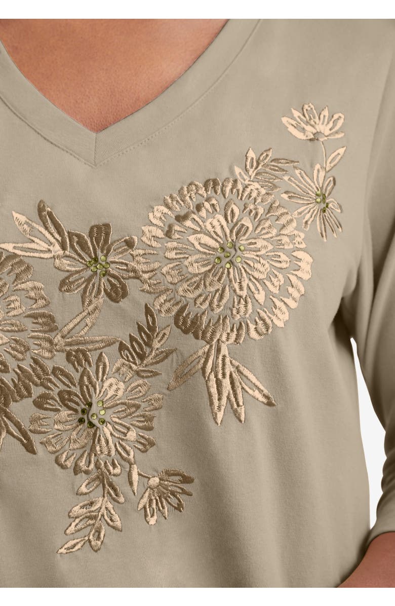 Jessica London Stretch Cotton Embroidered Tee, Alternate, color, Khaki Floral Embroidery