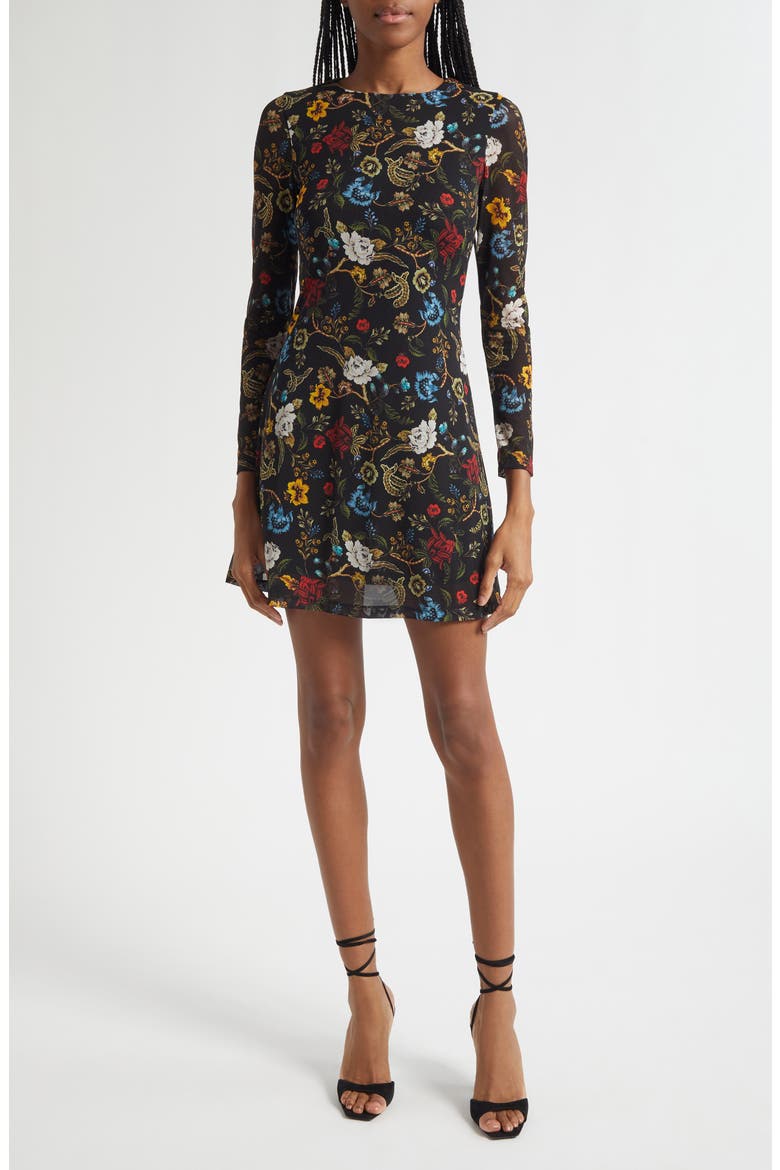 Delora Floral Long Sleeve Mesh Minidress, Main, color, TAPESTRY TRAILS SM BLACK