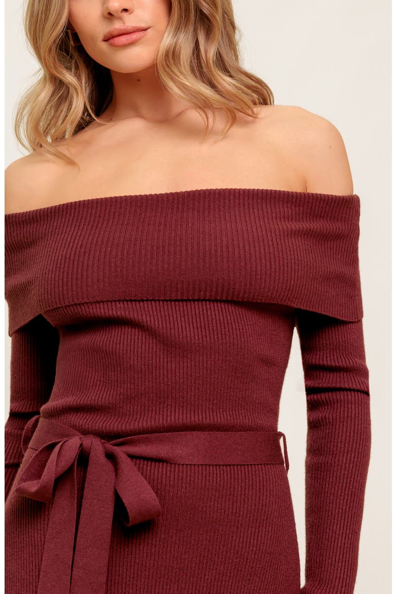 Off the Shoulder Long Sleeve Sweater Dress, Alternate, color, BROWN