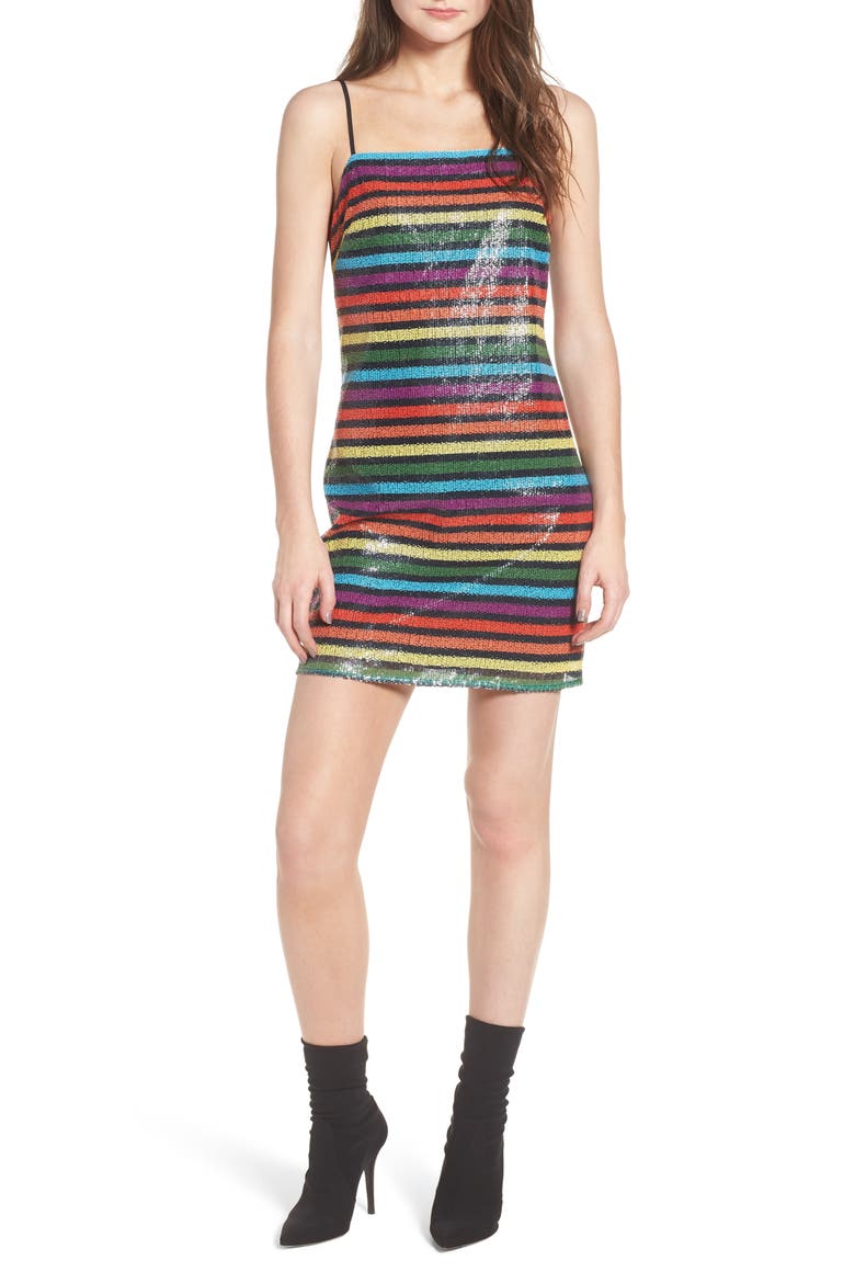 Lille Rainbow Stripe Sequin Minidress, Main, color, RAINBOW SEQUIN STRIPE