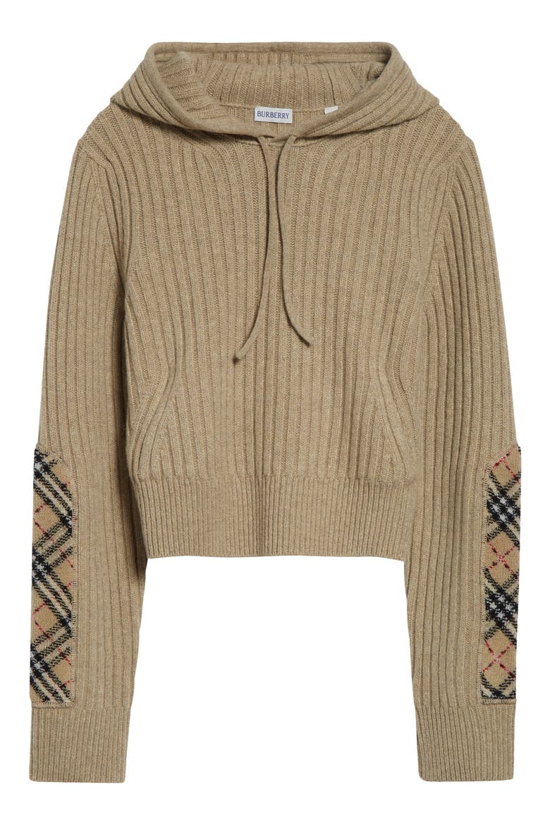 Phyllis Check Patch Hooded Rib Wool & Cashmere Sweater, Alternate, color, LIGHT BROWN MELANGE
