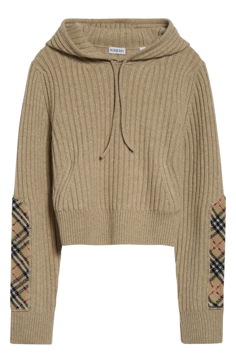 Burberry Phyllis Check Patch Hooded Rib Wool 
Cashmere Sweater, Main, color, Light Brown Melange