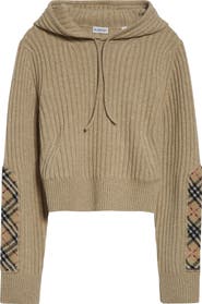 Burberry Phyllis Check Patch Hooded Rib Wool 
Cashmere Sweater