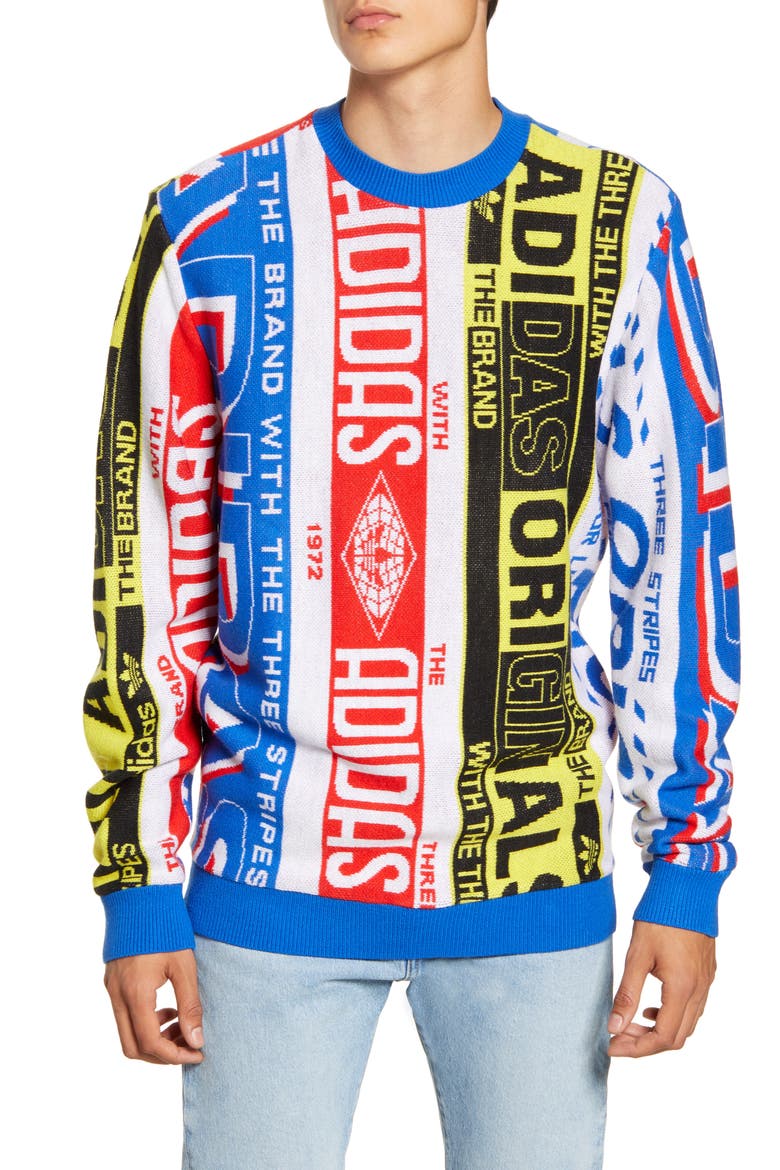 Intarsia Knit Logo Graphics Crewneck Sweater, Main, color, MULTICOLOR