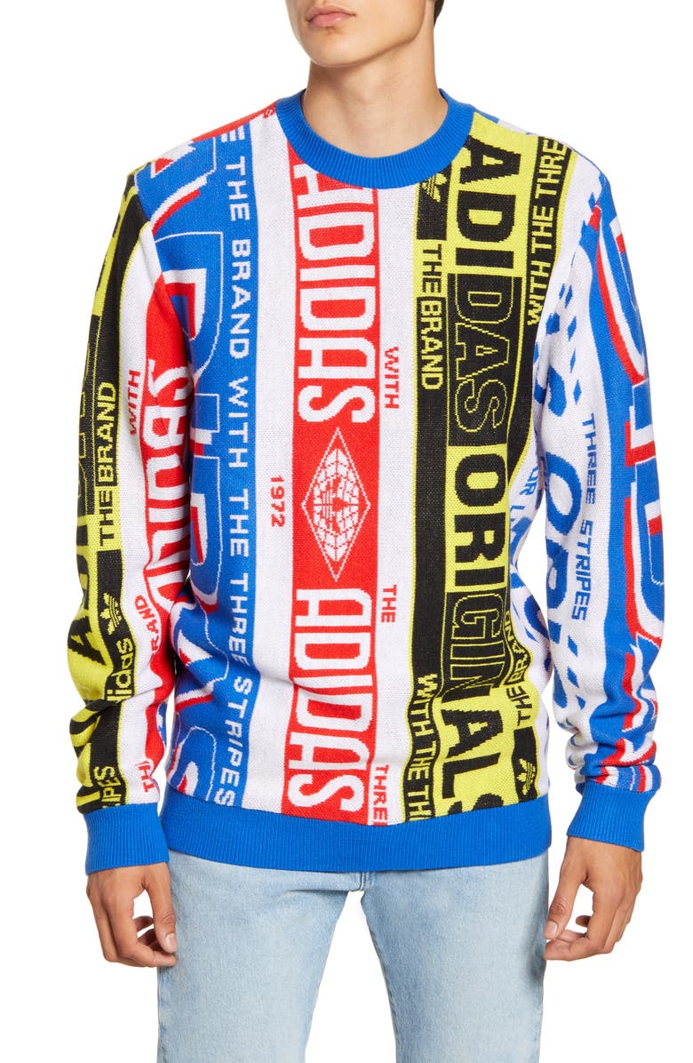 adidas Originals Intarsia Knit Logo Graphics Crewneck Sweater, Main, color,