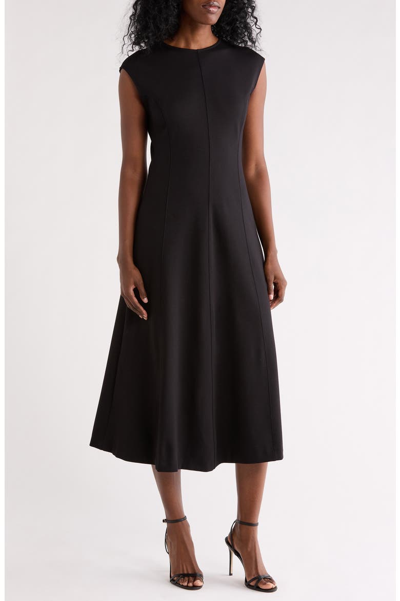 Seamed Ponte Fit & Flare Midi Dress, Main, color, BLACK