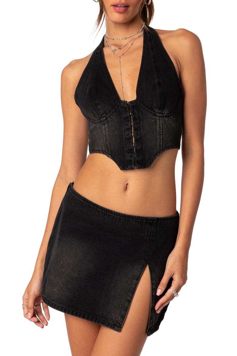 Katrina Lace-Up Denim Corset Halter Top, Main, color, BLACK-WASHED