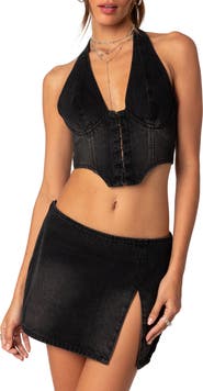 EDIKTED Katrina Lace-Up Denim Corset Halter Top