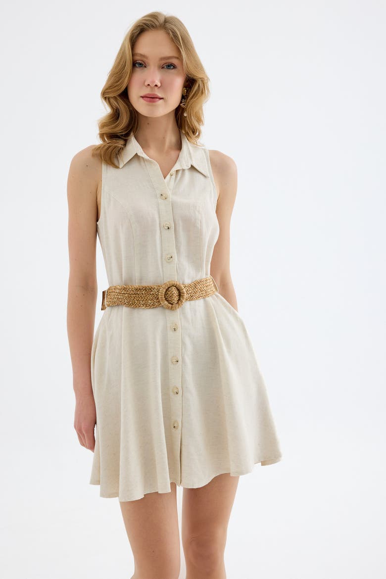 Mono Belted Mini Shirt Dress, Main, color, Beige