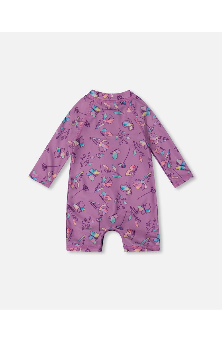Deux par Deux Baby Girl's Printed Long Sleeve One-Piece Rashguard Old Mauve And Multicolored Butterflies, Alternate, color, Mauve,Multicolored Butterflies