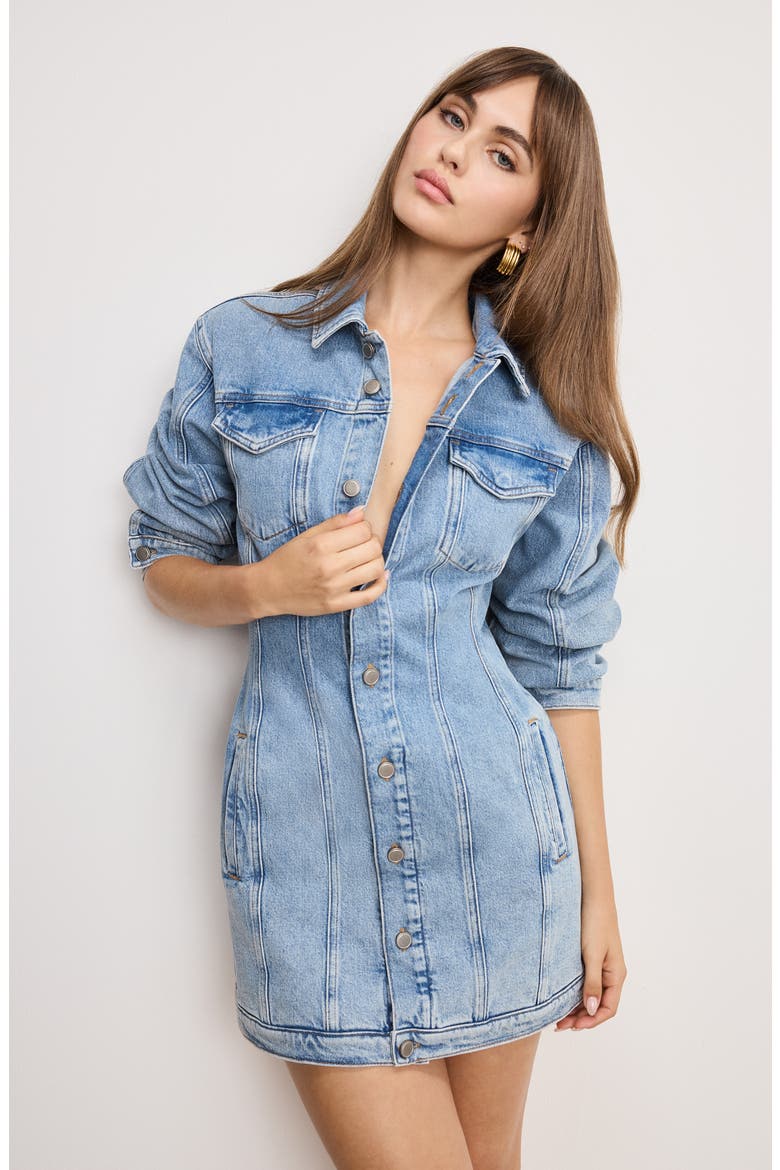 Barrel Long Sleeve Denim Mini Shirtdress, Alternate, color, INDIGO911