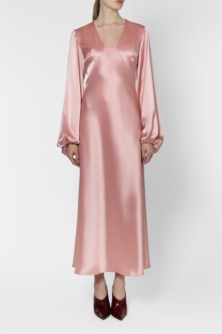 Amori Long Sleeve Satin Midi Dress, Alternate, color, Rose Clair