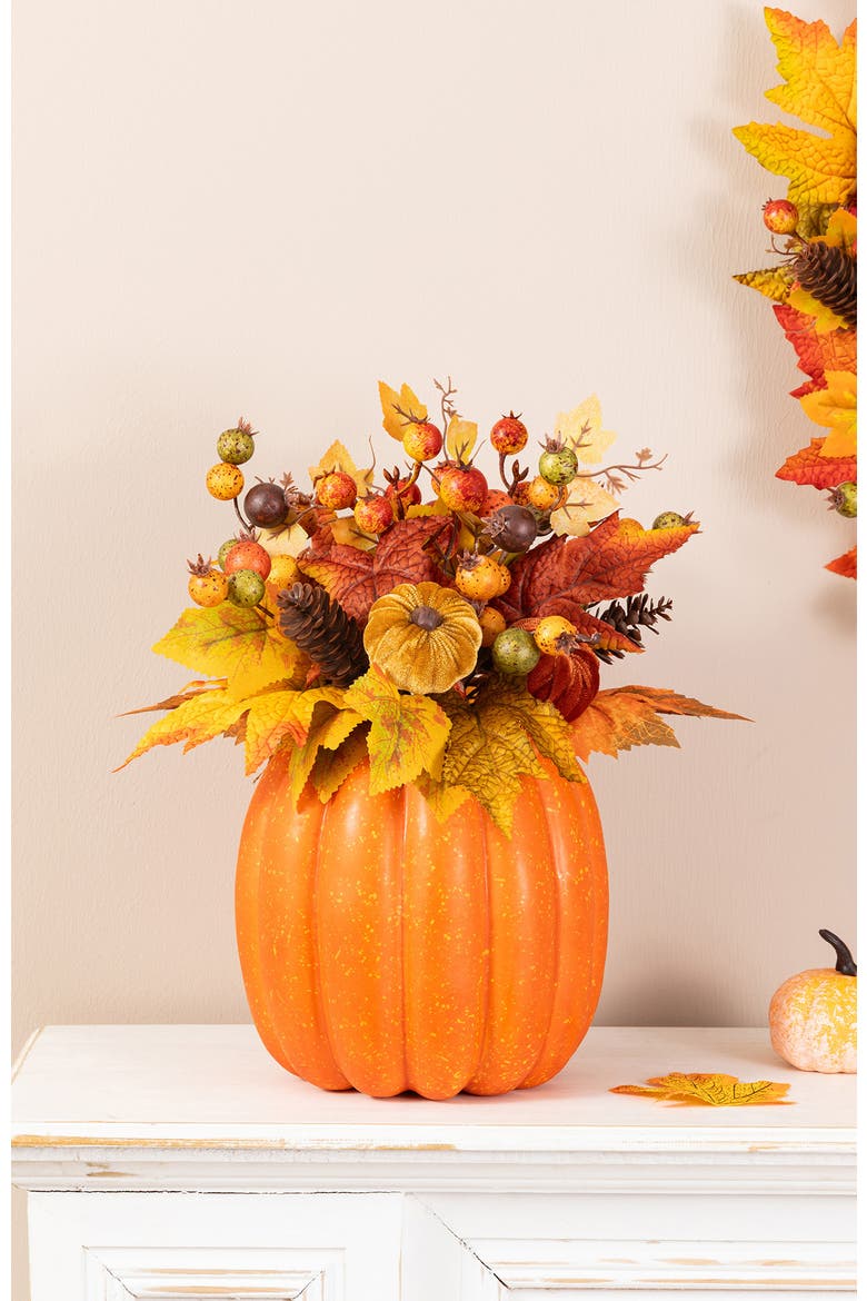 15"H Fall Velvet Pumpkin, Pinecone & Berry Centerpiece Table Decor, Alternate, color, Orange