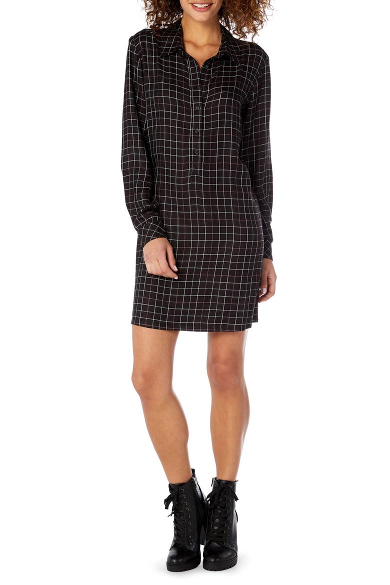Plaid Henley Shirtdress, Main, color, BLACK