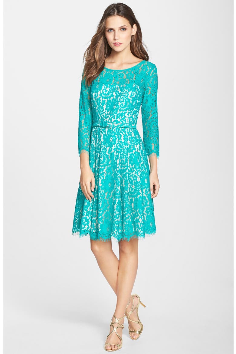 Belted Lace Fit & Flare Dress, Alternate, color, GREEN