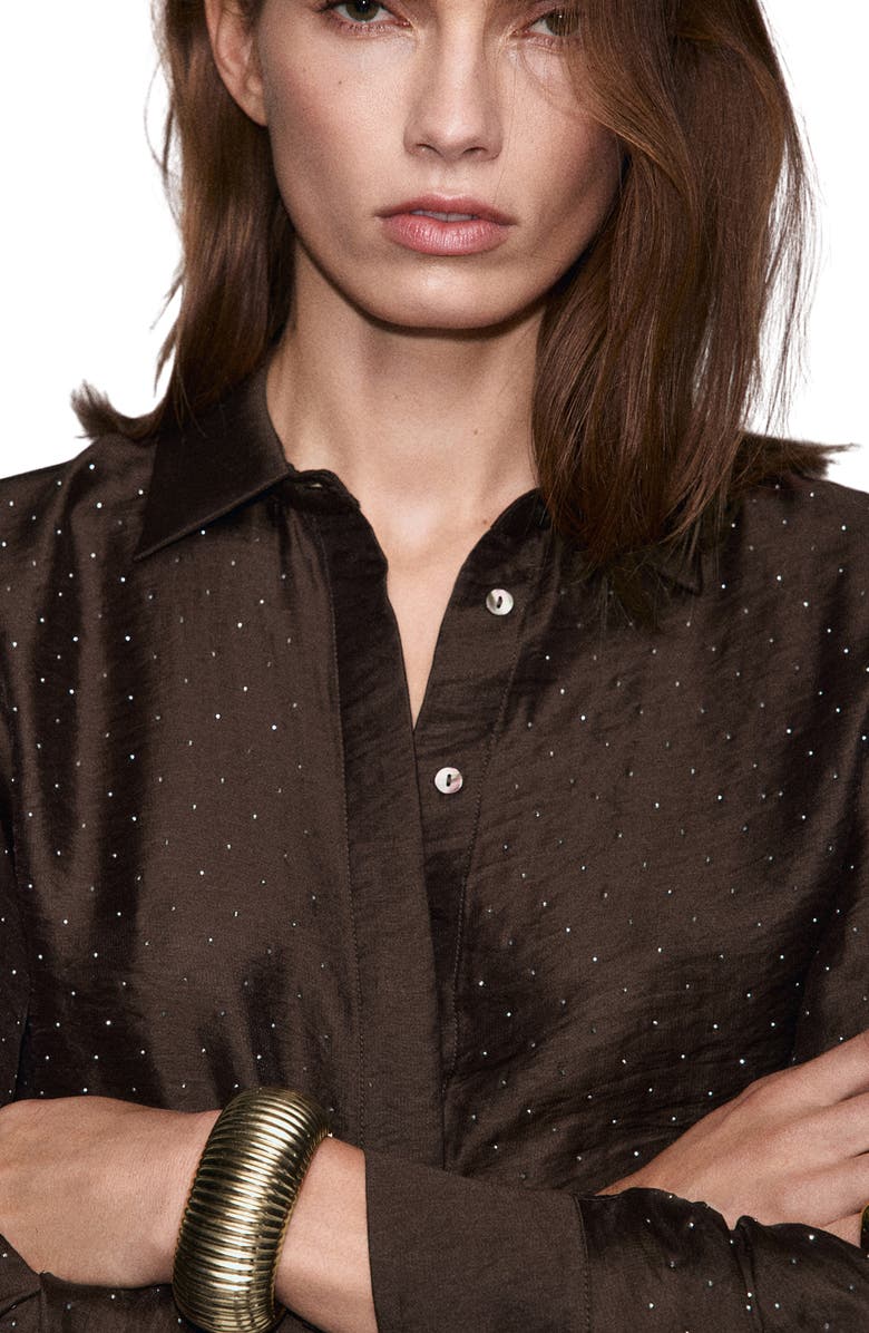 MANGO Rhinestone Satin Button-Up Shirt, Alternate, color, Brown