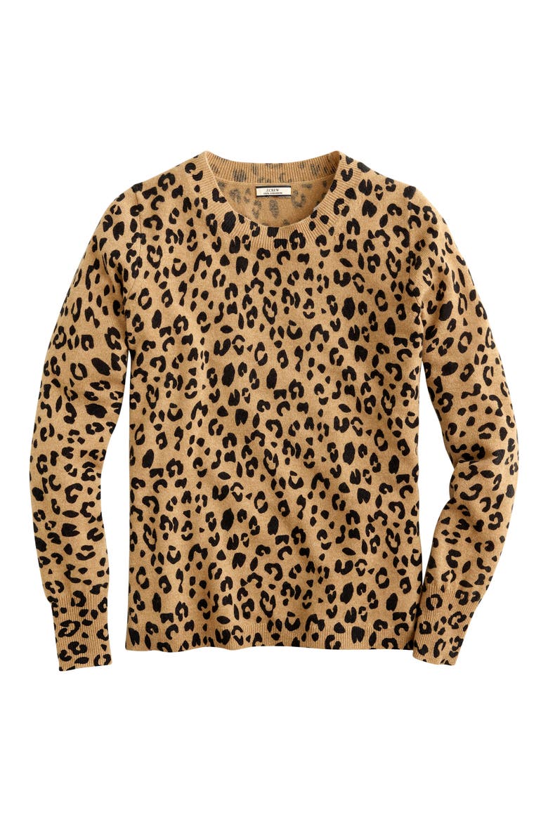 Leopard Cashmere Crewneck Sweater, Alternate, color, HEATHER CAMEL MOD LEOPARD