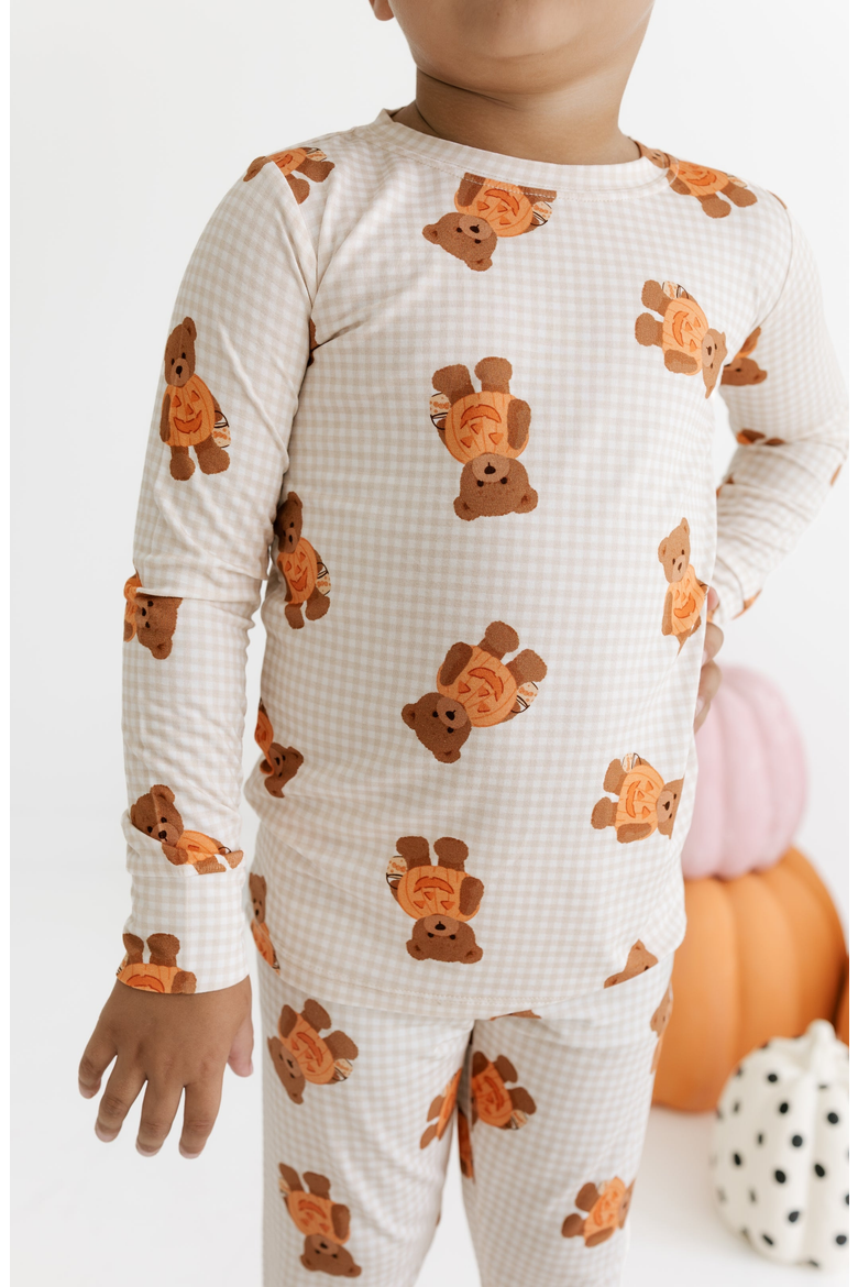 Gingham Little Boo Bear Two Piece Pajama Set, Alternate, color, Tan / Cream