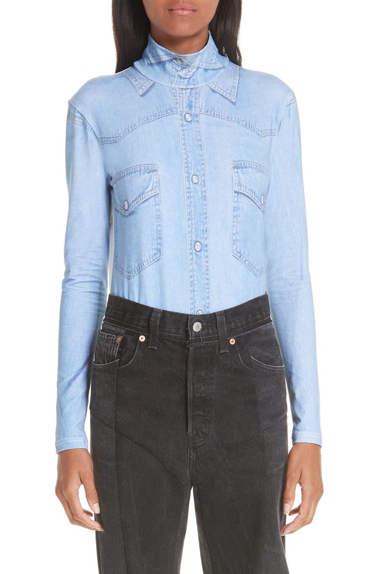 Denim Print Bodysuit, Main, color, BLUE DENIM