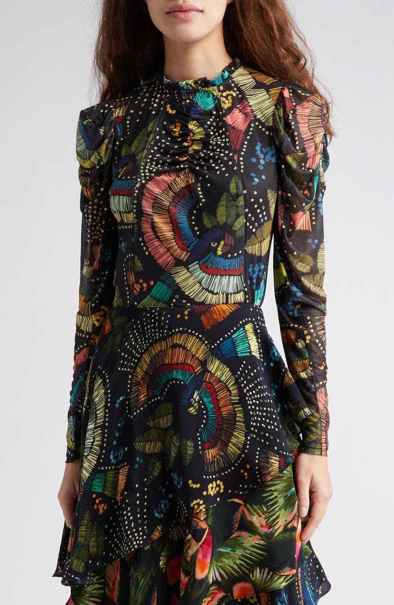 FARM Rio Colorful Birds Long Sleeve Mesh Shirt, Main, color, 