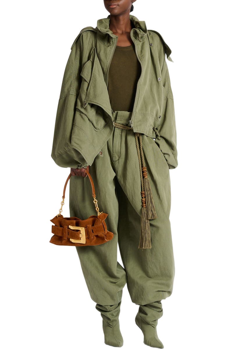 Balmain Anthem Mini suede leather bag, Alternate, color, Brown