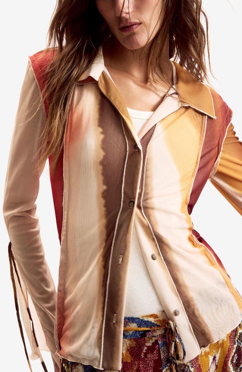 Stripe Mesh Button-Up Shirt