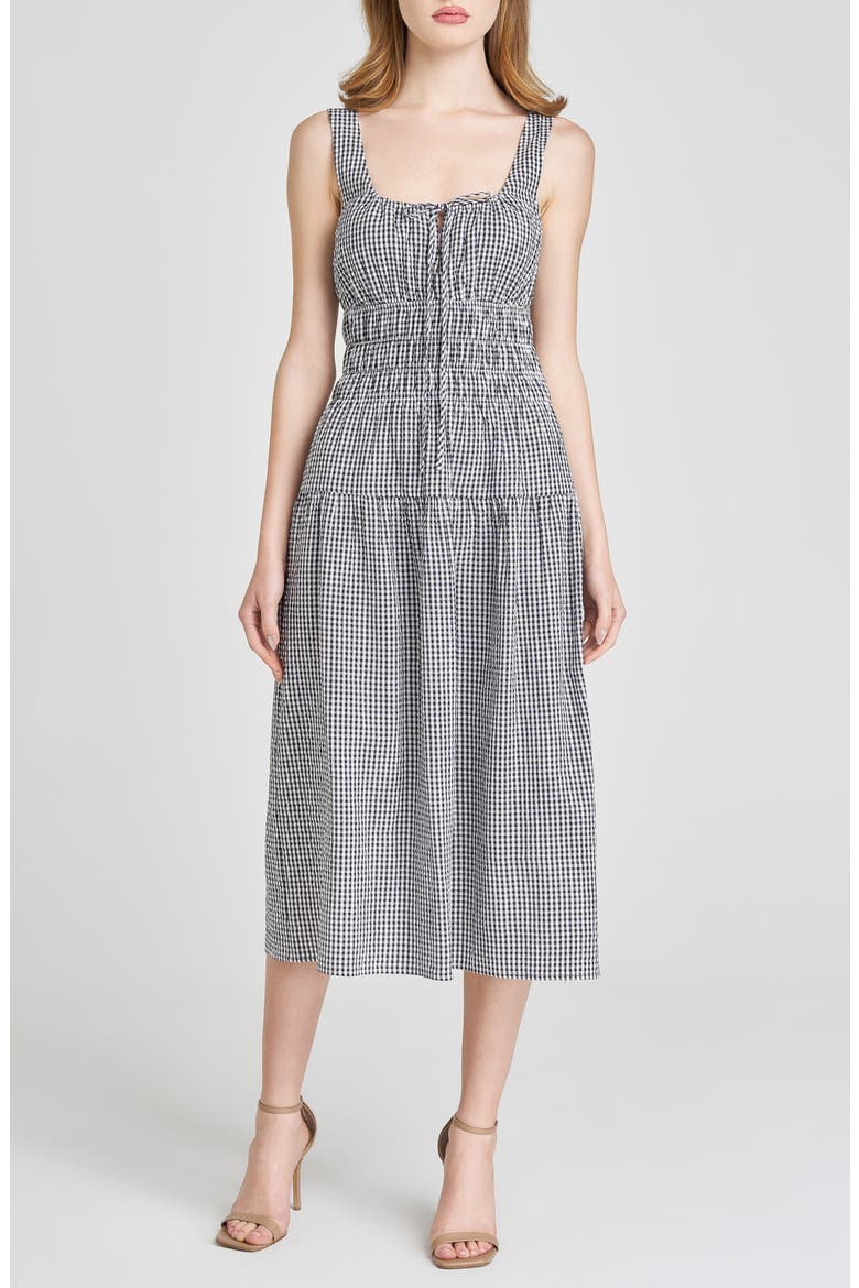 x Styled by COCO! Nina Smock Waist Seersucker Midi Dress, Main, color, BLACK SEERSUCKER