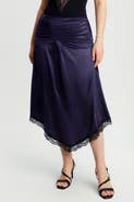 Popilush Built In Shapewear Satin Ruched Mermaid Skirt with Lace Trim