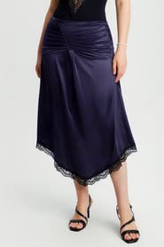 Popilush Built In Shapewear Satin Ruched Mermaid Skirt with Lace Trim