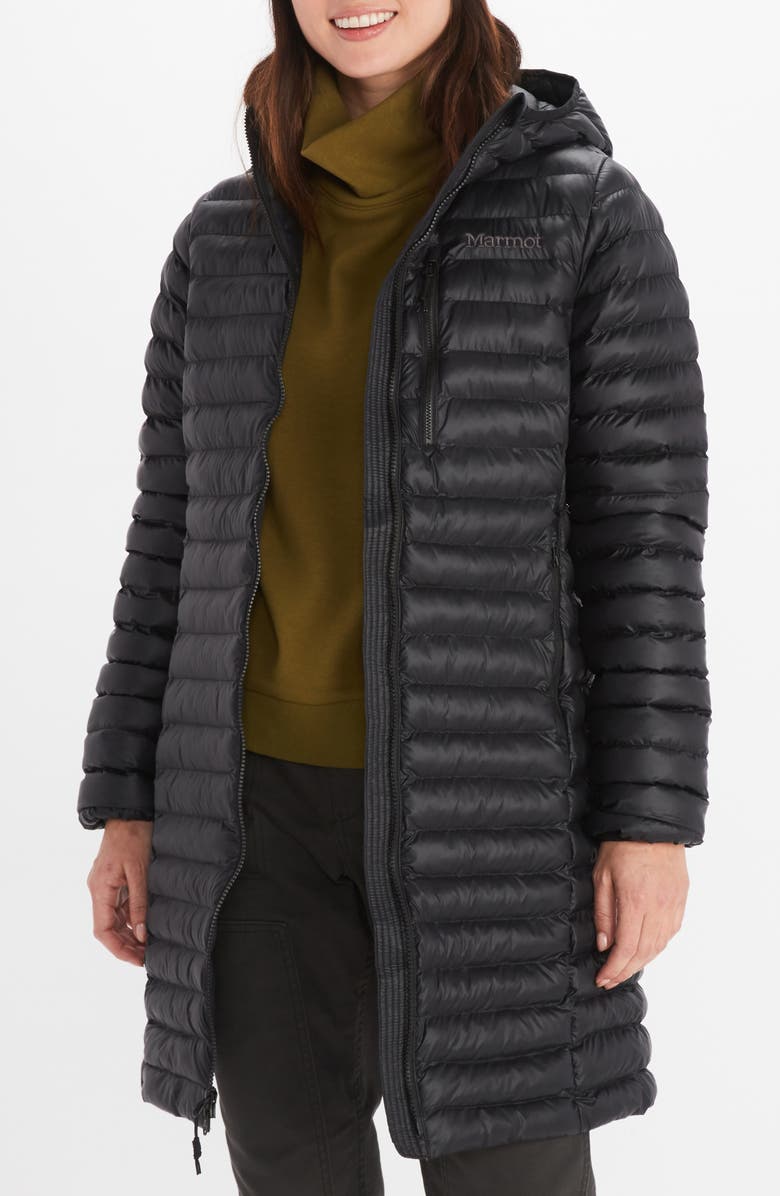 Marmot Echo Featherless Hooded Coat, Main, color, Black Shiny