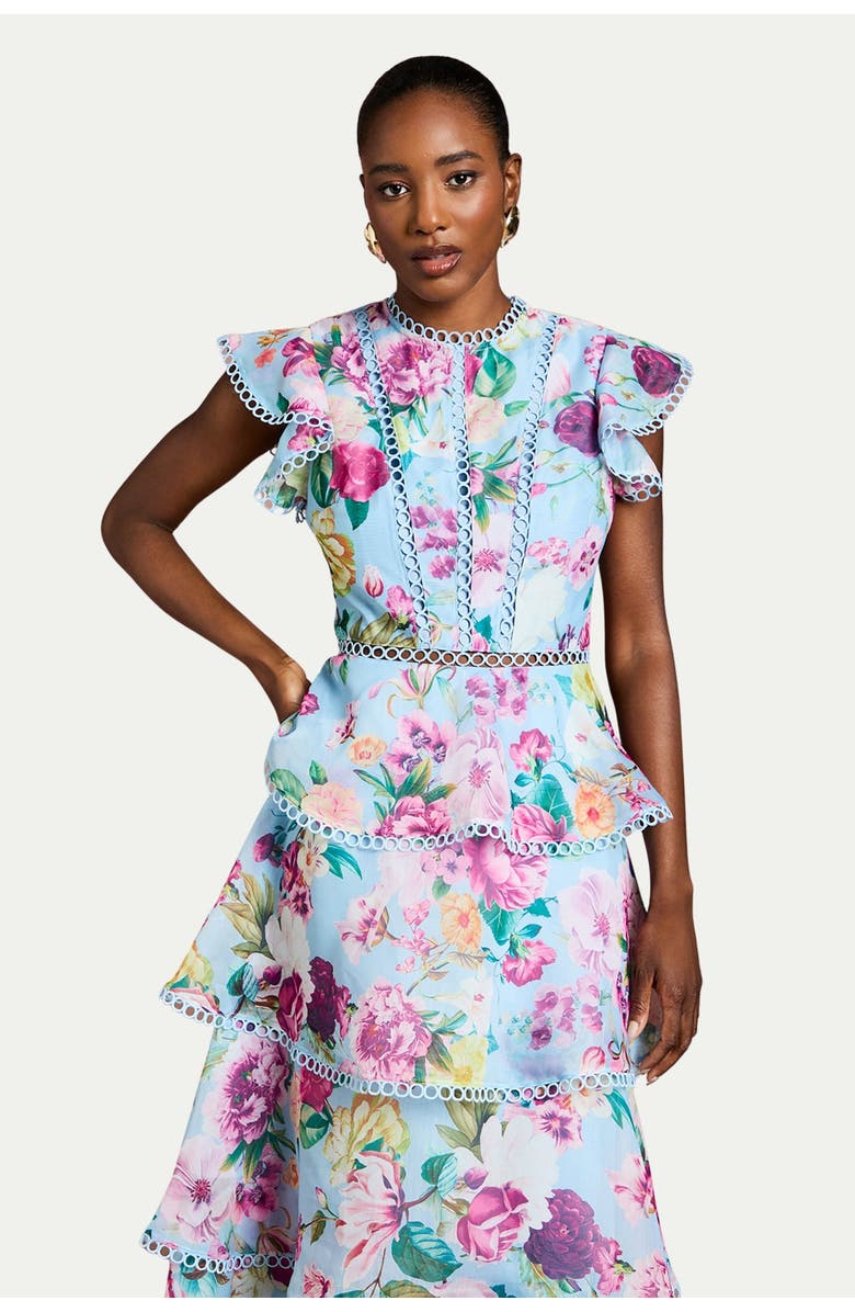 Coast Lace Trim Tiered Organza Midi Dress, Main, color, Pale Blue
