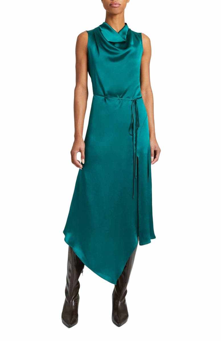 Santorelli EMBER Silk Sleeveless Midi Handkerchief Dress with Cowl Neckline, Main, color,
