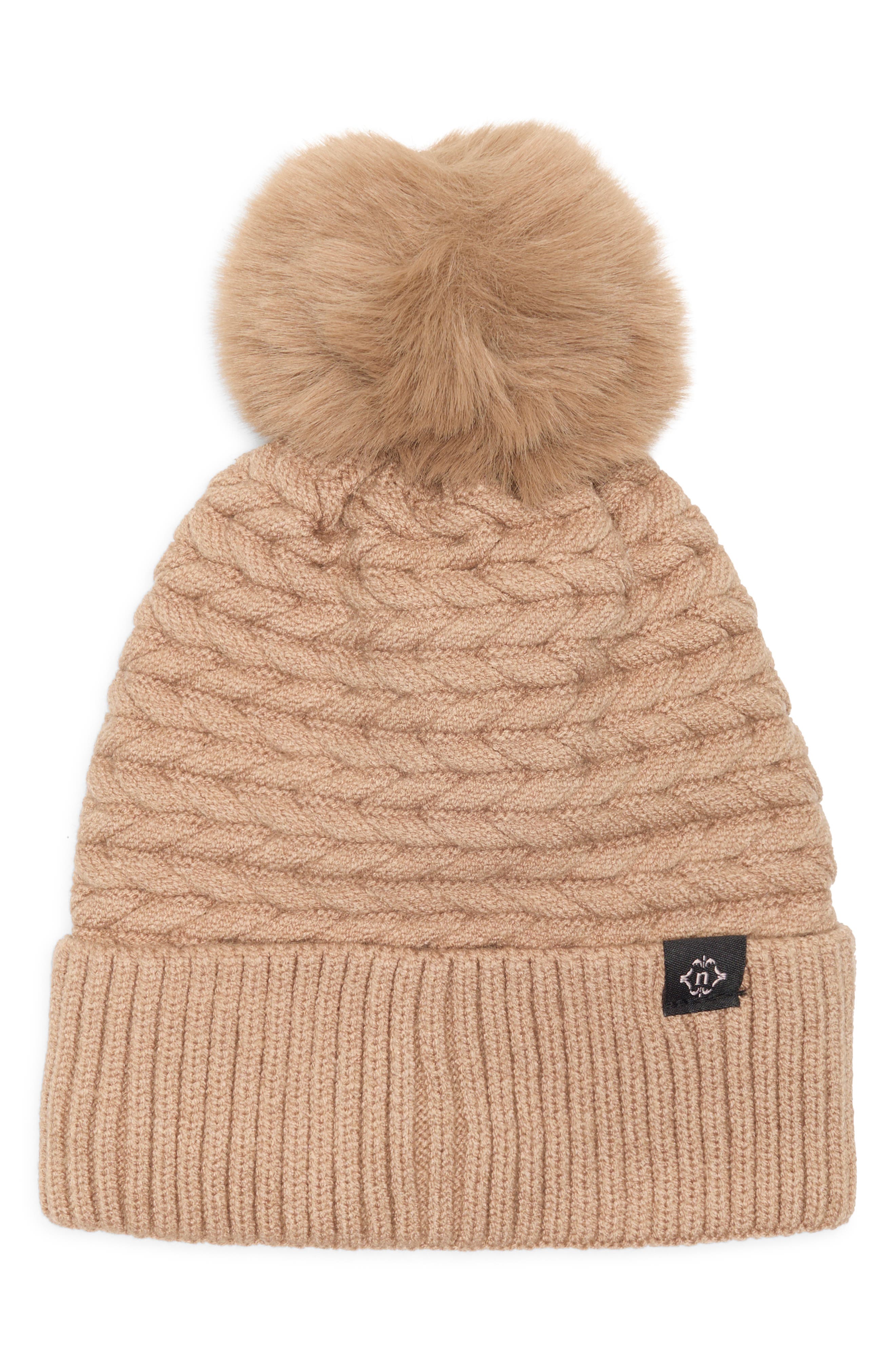 Nanette Lepore Braided Knit Beanie with Faux Fur Pompom