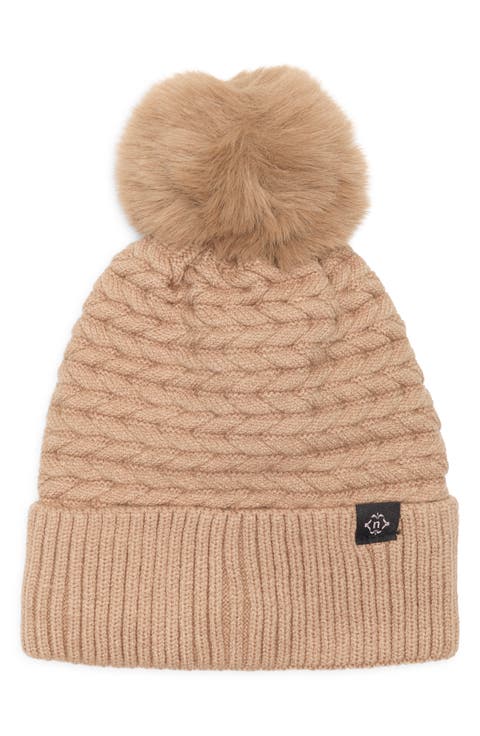 Braided Knit Beanie with Faux Fur Pompom