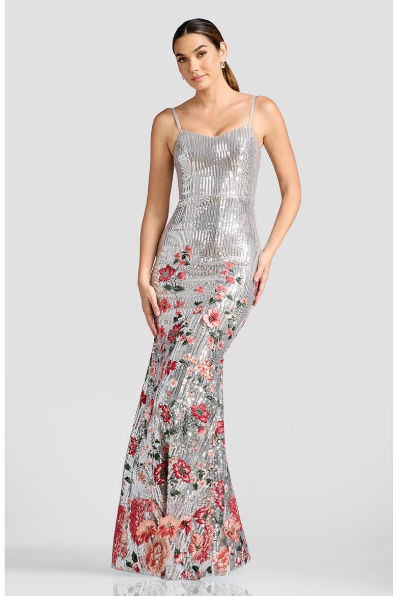 Giovanna Floral Embroidery Sequin Mermaid Gown, Alternate, color, SILVER MULTI