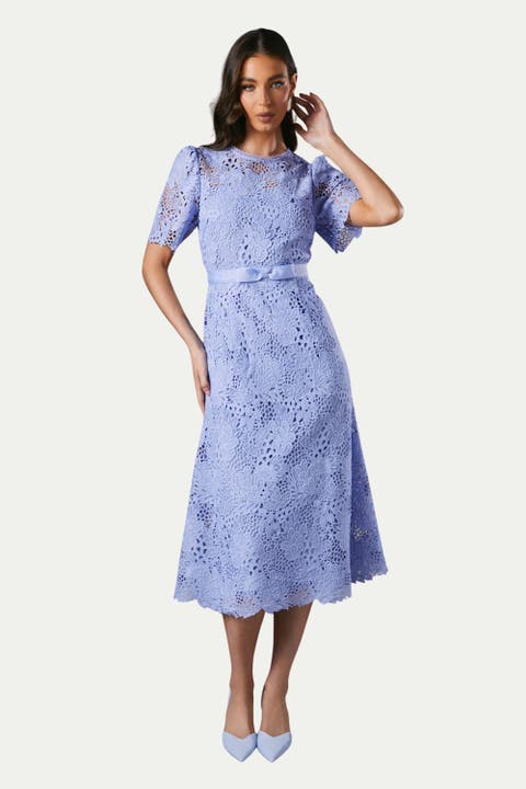 Lace Midi Dress With Bow Belt