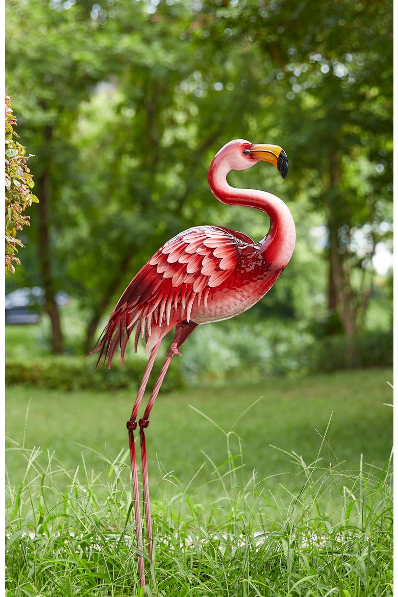 Metal Standing Flamingo Garden Statue with Stakes, Alternate, color, Pink