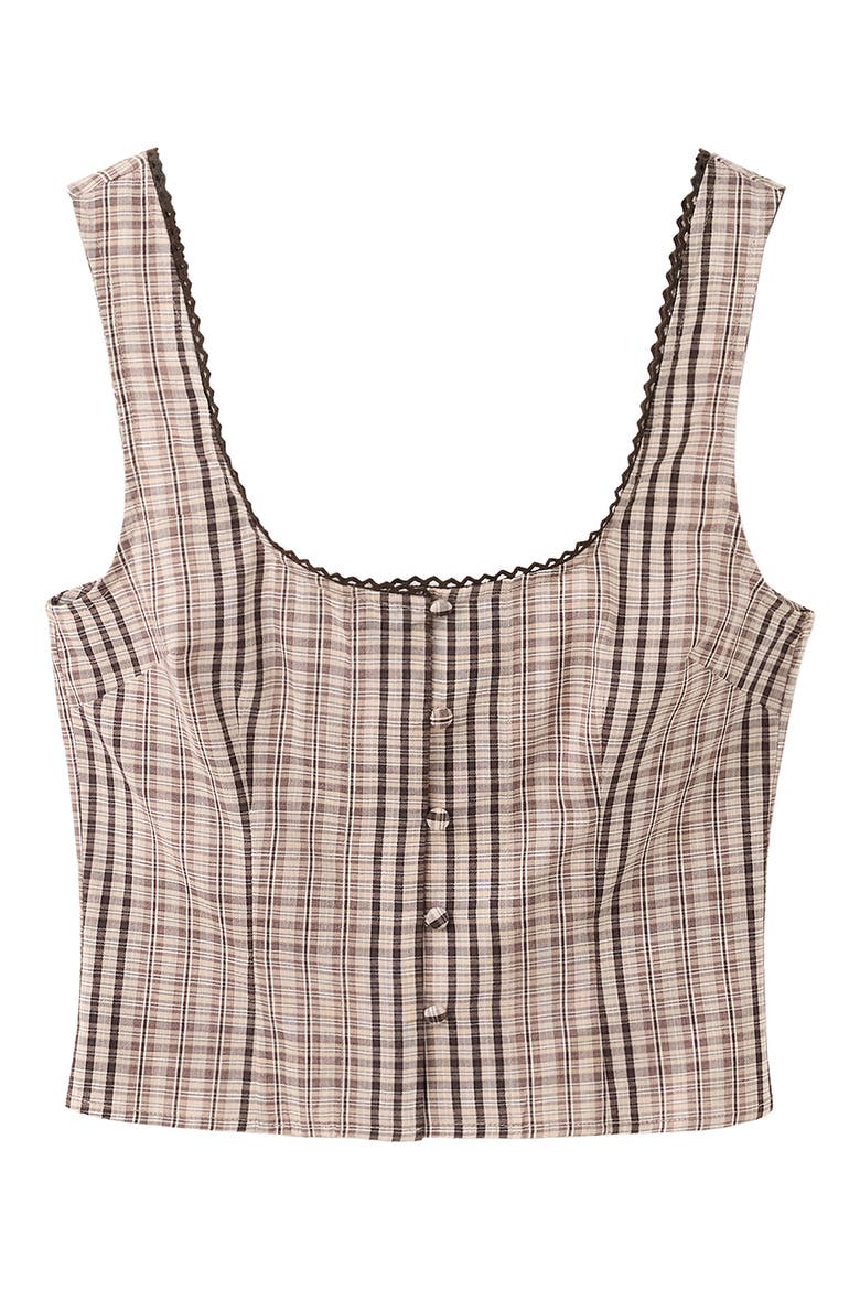 Checkered Cotton Blend Top, Alternate, color, BROWN
