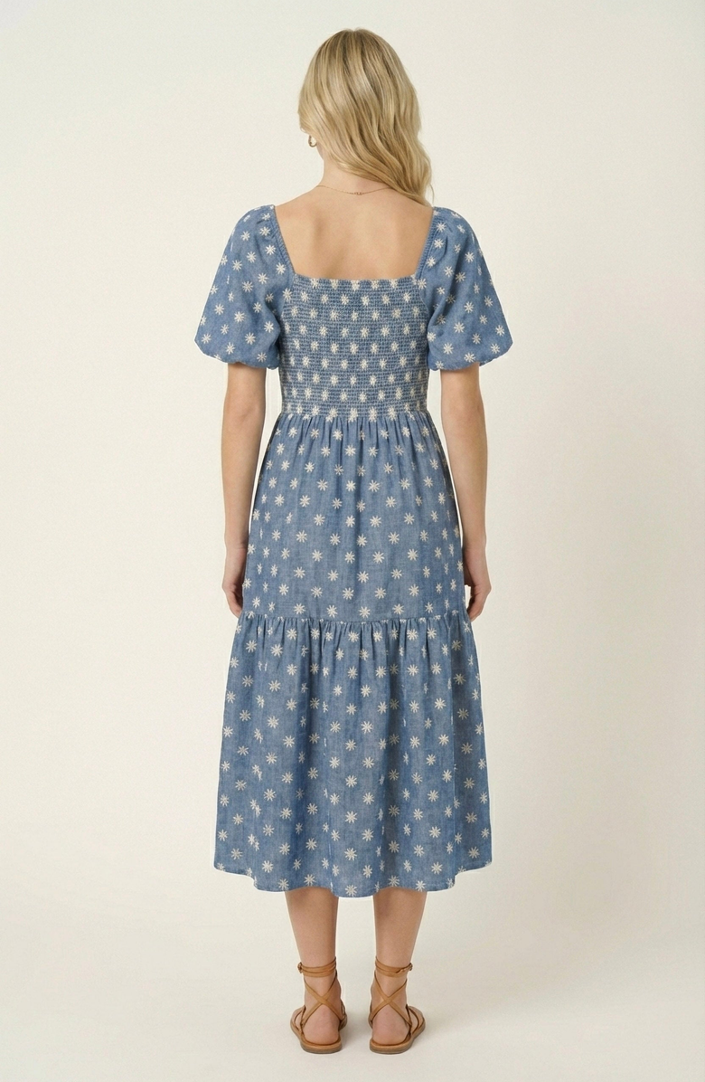 Modenaire Smocked Puff-Sleeve Midi Dress with Tiered Skirt and Pockets, Alternate, color, Blue / White Floral