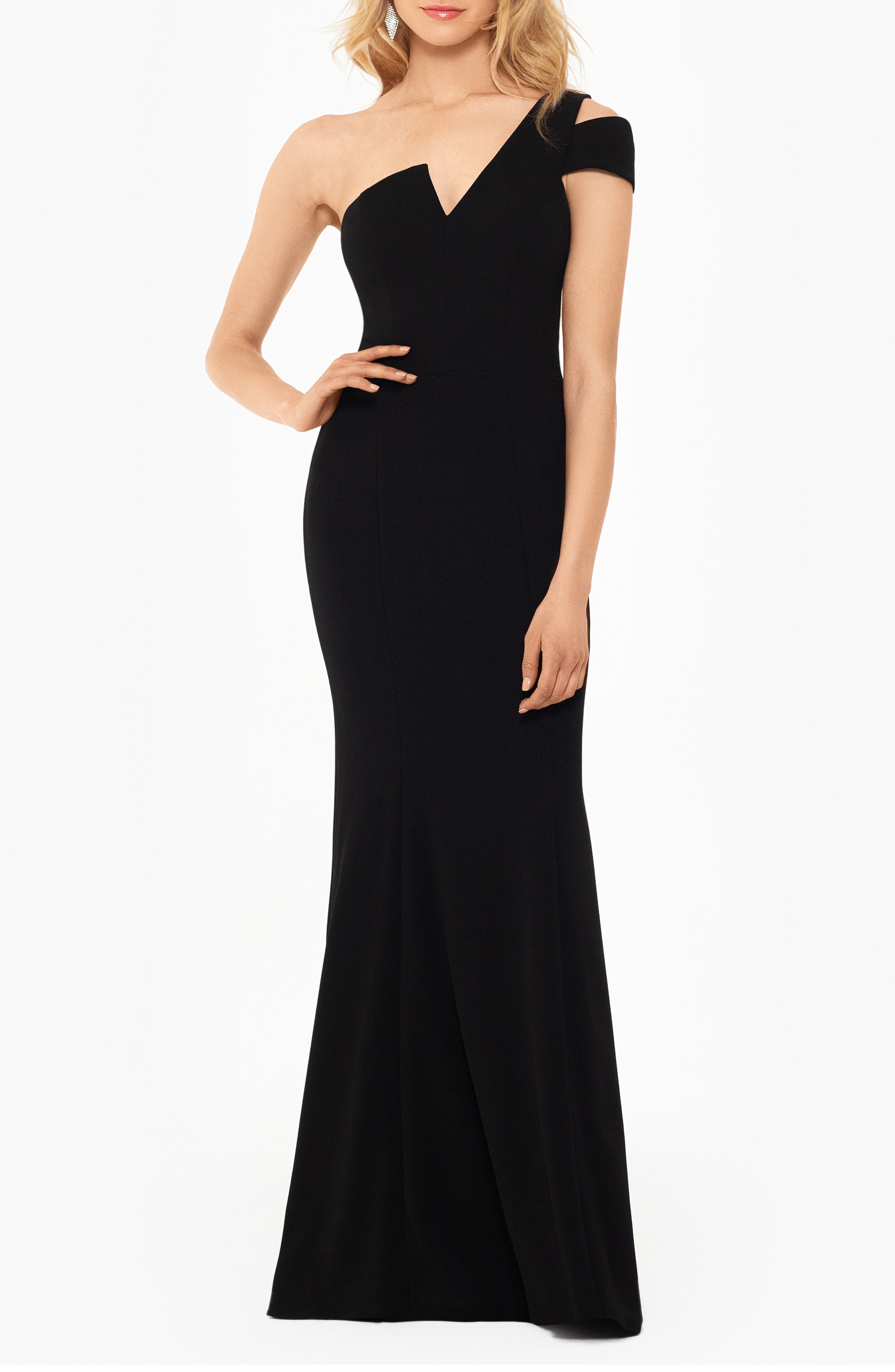 Betsy & Adam One-Shoulder Scuba Crepe Gown
