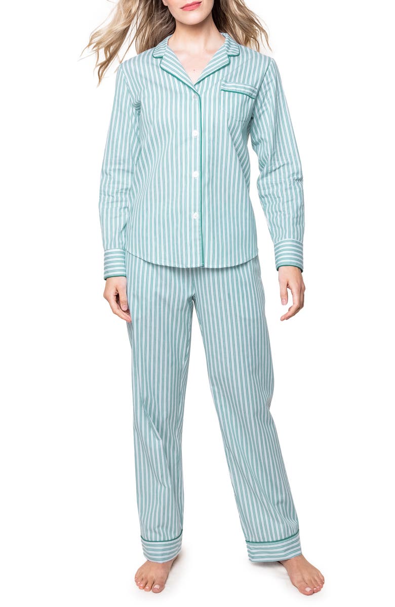 Petite Plume Emerald Ticking Stripe Cotton Twill Pajamas, Main, color, Green