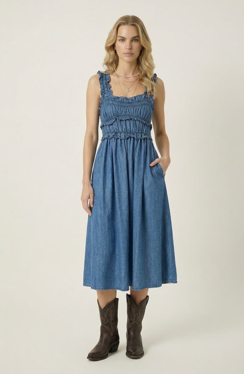 Modenaire Smocked Bodice Midi Dress with Ruffled Straps, Main, color, Medium Wash Blue