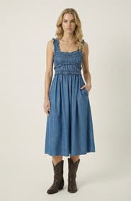 Modenaire Smocked Bodice Midi Dress with Ruffled Straps