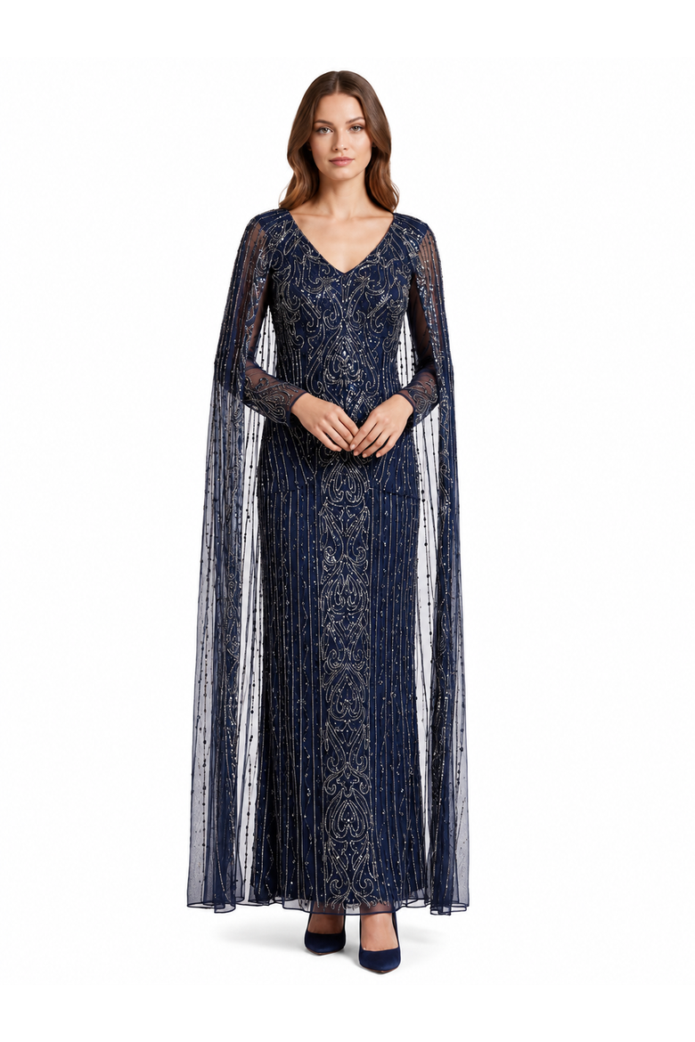 V-Neck Linear Beaded Dress with Long Cape, Main, color, Navy
