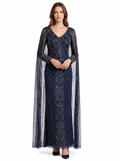 V-Neck Linear Beaded Dress with Long Cape