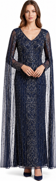 LARA New York V-Neck Linear Beaded Dress with Long Cape