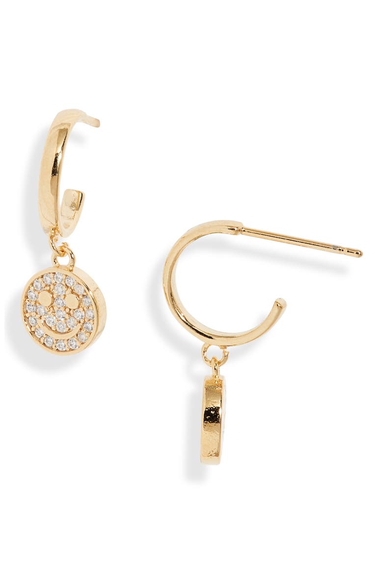 Sparkle Smiley Huggie Hoop Earrings, Main, color, GOLD