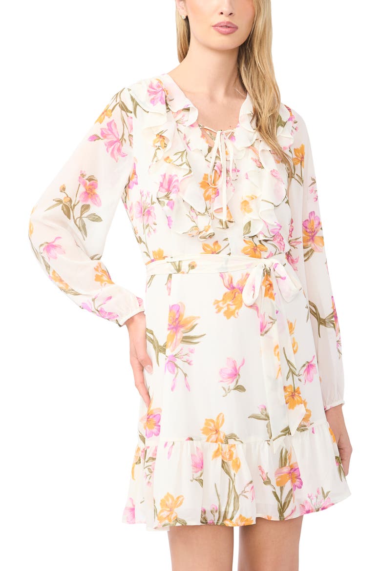 Floral Print Long Sleeve Minidress, Alternate, color, NEW IVORY