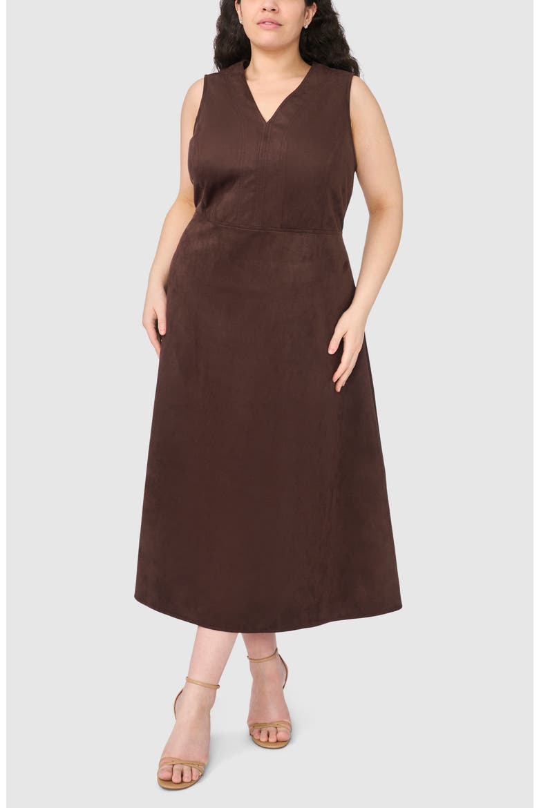 V-Neck Faux Suede Midi Dress, Main, color, DARK ROAST